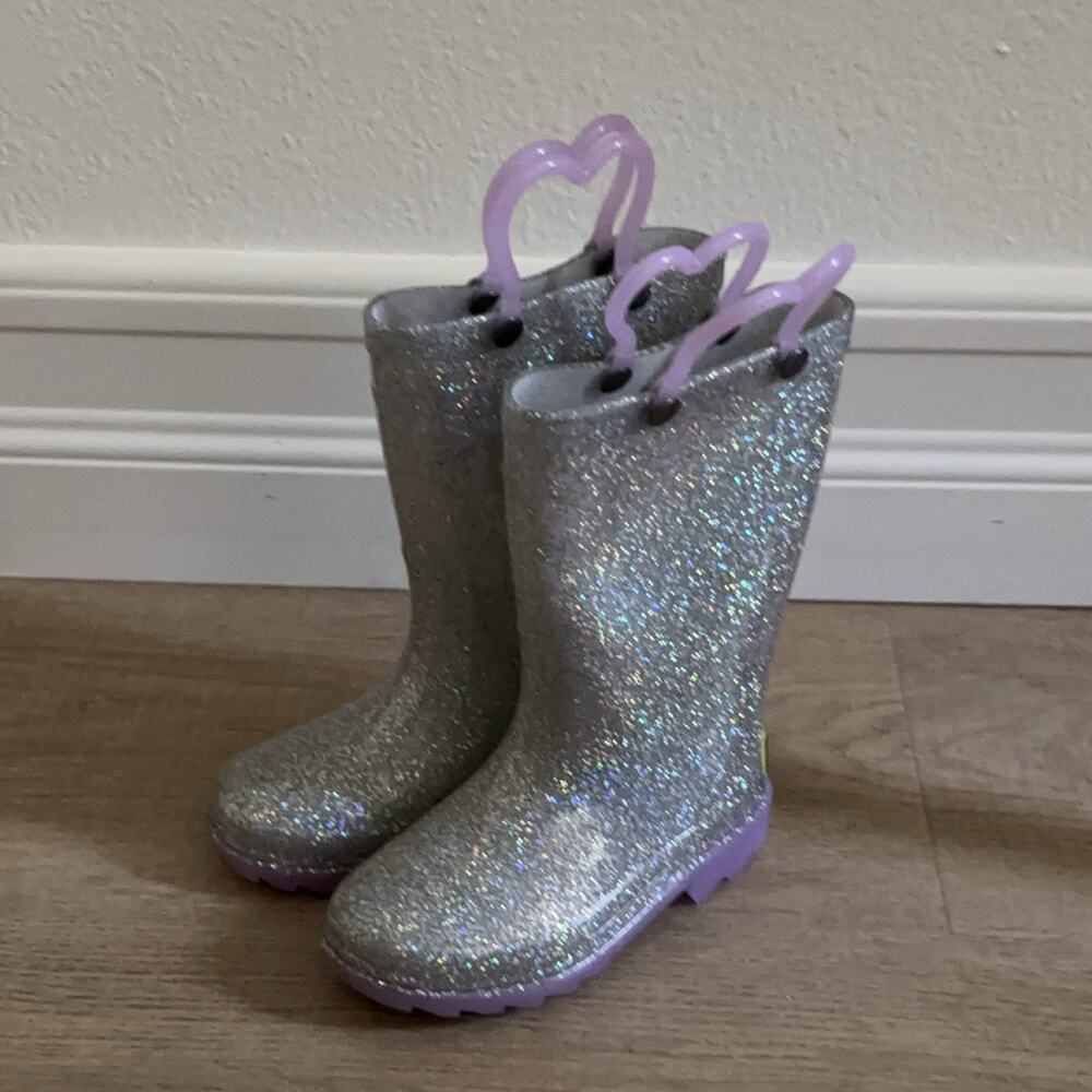 Western Chief Abby Girls Rain Boots Light Up Silver Glitter Size 7 Waterproof